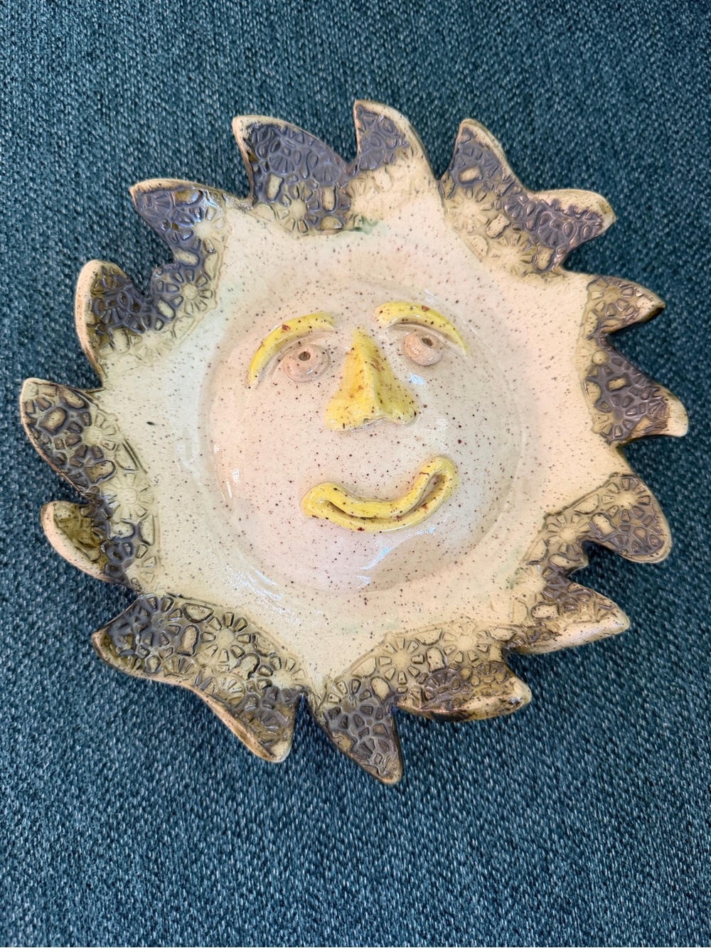 Unique Handmade Ceramic Sun Face Sculpture 7.5